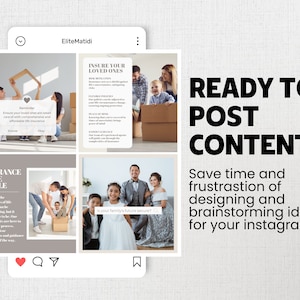 Op de afbeelding: Instagram-posttemplate met de tekst "READY TO POST CONTENT" en "Bespaar tijd en frustratie met het ontwerpen en brainstormen van idee&euml;n voor je instagram." De post bevat afbeeldingen en tekst over levensverzekeringen.