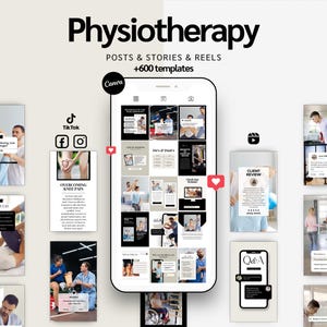 Peut inclure: Maquette numérique présentant des modèles de médias sociaux sur le thème de la physiothérapie pour les publications, les histoires et les reels. L'image présente un smartphone affichant divers modèles Canva, avec des superpositions de texte et des icônes pour TikTok, Facebook et Instagram.