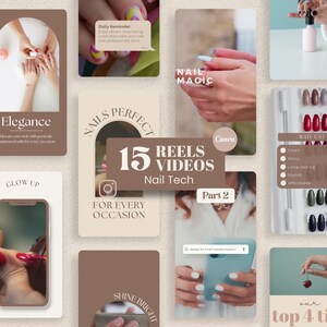 May include: A collage of images showcasing nail art and nail care products. The images include manicured nails with various designs, nail polish bottles, and text overlays with phrases like "Nail Magic" and "15 Reels Videos Nail Tech."