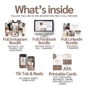 May include: A graphic design bundle with social media templates and printable cards. Includes Instagram, Facebook, and LinkedIn bundles, TikTok & Reels templates, and printable gift vouchers and business cards. The image features a computer, smartphones, and cards.