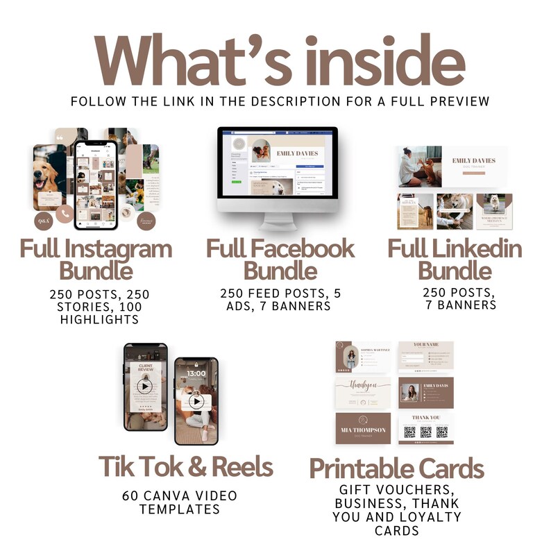 May include: A graphic design bundle with social media templates and printable cards. Includes Instagram, Facebook, and LinkedIn bundles, TikTok & Reels templates, and printable gift vouchers and business cards. The image features a computer, smartphones, and cards.