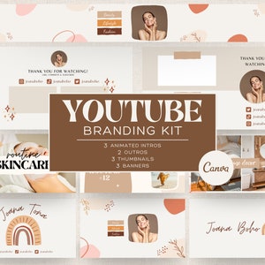Boho Youtube Brand Kit, Youtube Template Canva, Youtube Branding Kit, Youtube Template, Youtube Banner Template, Endscreen, Outro, Intro