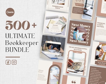 Pode incluir: Gráfico promocional para um pacote de contabilidade, apresentando uma coleção de imagens quadradas com texto e ilustrações. O texto central diz "500+ ULTIMATE Bookkeeper BUNDLE". O esquema de cores é principalmente marrom e branco.
