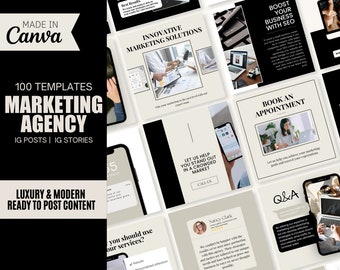 May include: A collection of 100 social media templates for marketing agencies. The templates are designed in a modern, minimalist style with a black and beige colour scheme. The templates feature text such as "Innovative Marketing Solutions", "Boost Your Business with SEO", and "Book an Appointment".