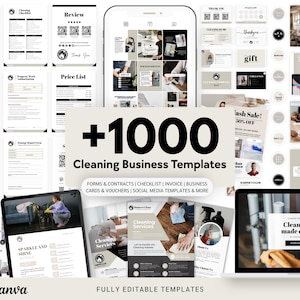 May include: A selection of cleaning business templates, including forms, checklists, invoices, and social media templates. The image shows various mockups of documents, a phone, and a laptop, all with a clean, modern design. Text includes "+1000 Cleaning Business Templates" and "Cleaning made easy."