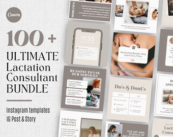 May include: A collection of 100+ Instagram templates for lactation consultants. The templates feature a variety of images and text, including photos of mothers breastfeeding their babies, text about the benefits of breastfeeding, and tips for breastfeeding mothers. The templates are designed to help lactation consultants promote their services and connect with potential clients.