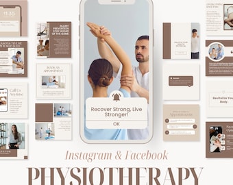 May include: A digital marketing graphic for physiotherapy services. The image features a smartphone displaying a physiotherapist assisting a patient with arm movement. Text includes "Recover Strong, Live Stronger!" and "Physiotherapy."