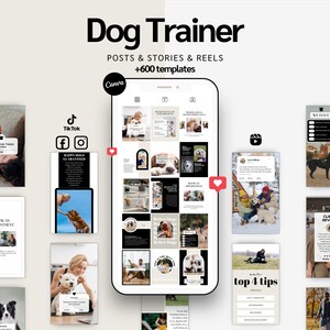 Peut inclure: Image promotionnelle pour un dresseur de chiens, présentant un smartphone affichant divers posts et modèles de réseaux sociaux. Le texte comprend "Dog Trainer", "Posts & Stories & Reels" et "+600 modèles". Des icônes de réseaux sociaux pour TikTok, Facebook et Instagram sont également visibles.