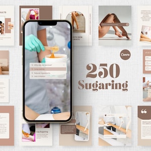 May include: An advertisement for sugaring services. The image features a smartphone displaying a sugaring treatment, surrounded by promotional materials. The text "250 Sugaring" is prominently displayed, along with other text such as "Silky Results".