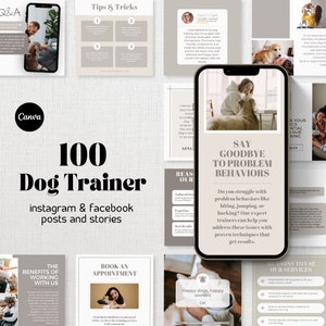 Peut inclure: Un collage d'images faisant la promotion de services de dressage de chiens. Les images présentent des chiens, des dresseurs et du texte qui met en évidence les avantages de travailler avec un dresseur de chiens professionnel. Le texte comprend des phrases comme "Dites adieu aux comportements problématiques", "Prendre rendez-vous" et "Les avantages de travailler avec nous".