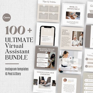 Peut inclure: Ensemble de modèles Instagram pour assistants virtuels. La conception présente une palette de couleurs neutres avec des superpositions de texte, dont "100+ Ultimate Virtual Assistant Bundle" et "Instagram templates IG Post & Story".