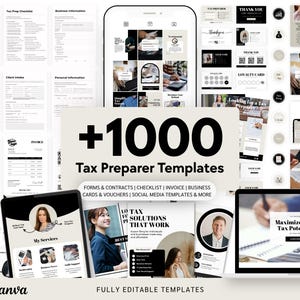Könnte beinhalten: Eine Sammlung von Steuererklärungsvorlagen, die auf verschiedenen Geräten angezeigt werden, darunter ein Tablet, ein Telefon und ein Laptop. Das Bild zeigt den Text "+1000 Tax Preparer Templates" und "Fully Editable Templates". Die Vorlagen umfassen Formulare, Checklisten, Rechnungen und Social-Media-Vorlagen.