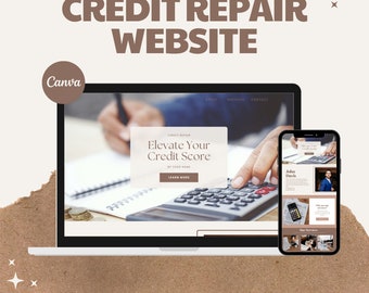 May include: A laptop and smartphone showcase a website design with the text "CREDIT REPAIR WEBSITE." The laptop screen displays "Elevate Your Credit Score." The smartphone shows a similar layout. The Canva logo is visible.