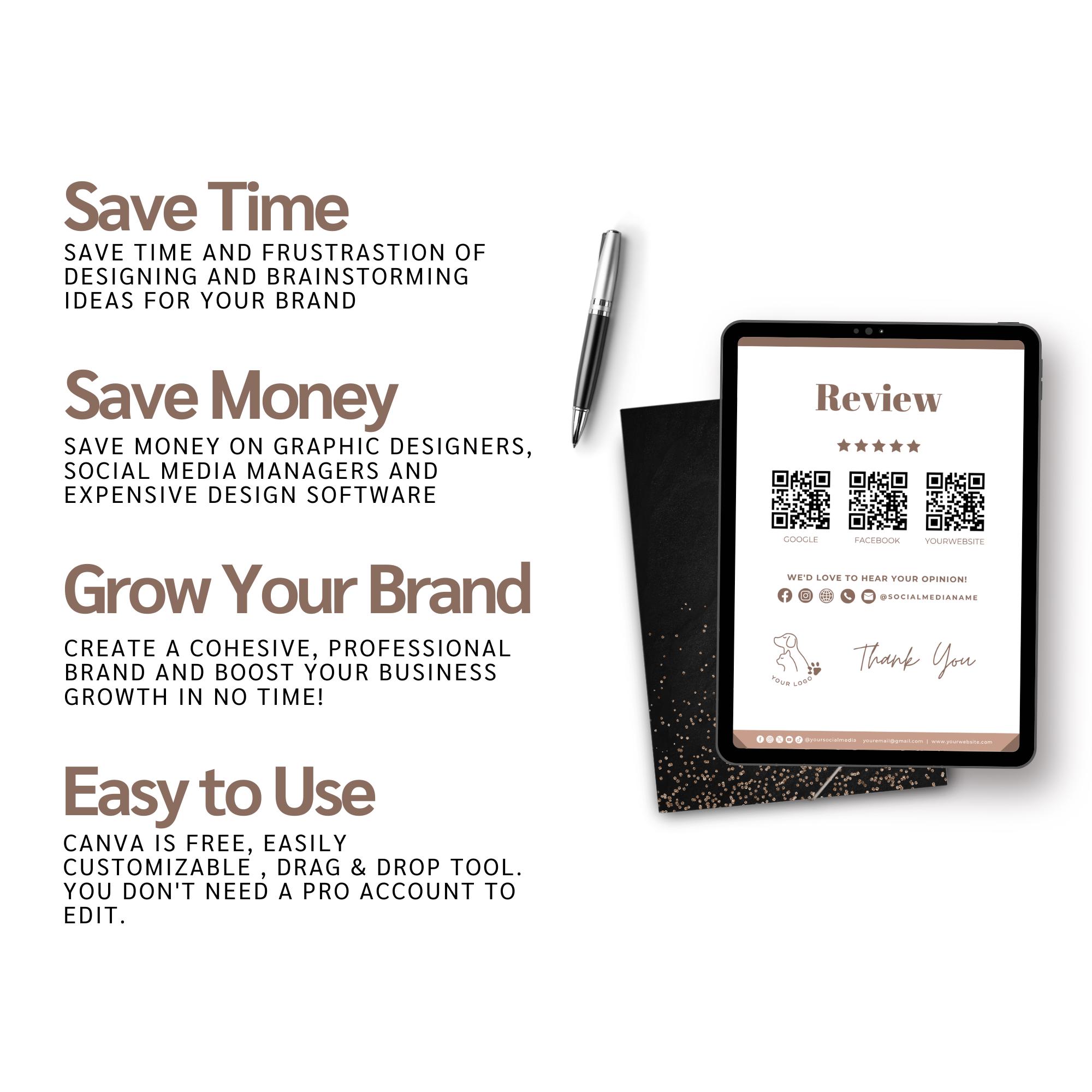 May include: A digital tablet displays a review form with a five-star rating and QR codes. The text on the tablet reads "Review" and "Thank You." The image also includes a pen, a black notepad, and text that says "Save Time," "Save Money," "Grow Your Brand," and "Easy to Use."