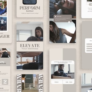 Puede incluir: Un collage de im&aacute;genes que promocionan los servicios de fisioterapia. Las im&aacute;genes muestran a personas realizando ejercicios y el texto "Recover Stronger", "Perform Better", "Elevate Your Wellness", "Looking to Enhance Your Performance?", "Three Reasons to Use Our Services", y "Why Us?"