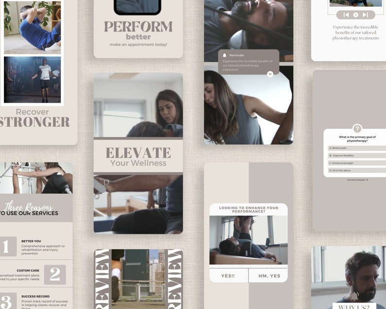 Puede incluir: Un collage de im&aacute;genes que promocionan los servicios de fisioterapia. Las im&aacute;genes muestran a personas realizando ejercicios y el texto "Recover Stronger", "Perform Better", "Elevate Your Wellness", "Looking to Enhance Your Performance?", "Three Reasons to Use Our Services", y "Why Us?"