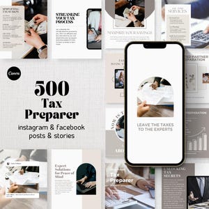 Könnte beinhalten: Werbegrafik für einen Steuerberater mit einem Smartphone mit dem Text "ÜBERLASSEN SIE DIE STEUERN DEN EXPERTEN". Das Design umfasst verschiedene Social-Media-Posts und Stories mit Text wie "500 Tax Preparer".