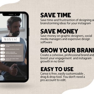Puede incluir: La pantalla de un tel&eacute;fono que muestra un gr&aacute;fico con el texto "Why Us?" y una lista de razones. El gr&aacute;fico est&aacute; sobre un fondo blanco con un borde negro. Los textos "Save Time", "Save Money", "Grow Your Brand" y "Easy to Use" se muestran en letras negras grandes sobre un fondo blanco. El texto va acompa&ntilde;ado de una breve descripci&oacute;n de cada tema.