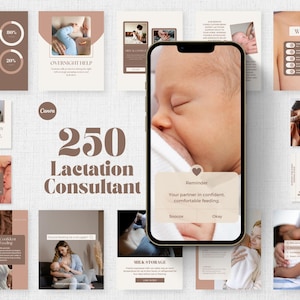 Peut inclure: Image promotionnelle pour un consultant en lactation. L'image présente un smartphone affichant un bébé en train d'allaiter, entouré de cartes d'information. Le texte comprend "250 Lactation Consultant" et "Key Feeding Stats". La palette de couleurs est neutre, avec des tons bruns et beiges.