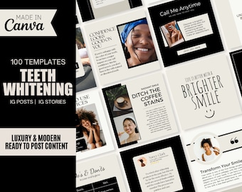 Teeth Whitening Instagram and Facebook Templates: Dental Social Media Marketing (Canva Templates)