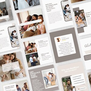 Op de afbeelding: Een verzameling marketingmaterialen voor levensverzekeringen, met afbeeldingen van gezinnen en tekst. De materialen omvatten brochures, infographics en een telefoonscherm met informatie over verzekeringsbehoeften en -diensten. Het kleurenschema is neutraal met kleuraccenten.