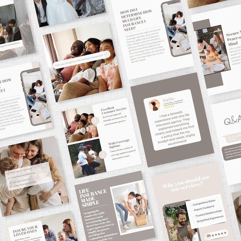 Op de afbeelding: Een verzameling marketingmaterialen voor levensverzekeringen, met afbeeldingen van gezinnen en tekst. De materialen omvatten brochures, infographics en een telefoonscherm met informatie over verzekeringsbehoeften en -diensten. Het kleurenschema is neutraal met kleuraccenten.