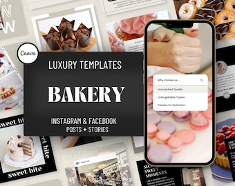 Può includere: Immagine promozionale per una panetteria, con una varietà di dessert e modelli di social media. Il testo principale recita "Luxury Templates Bakery Instagram & Facebook Posts + Stories". Un telefono mostra un menu "Perché sceglierci..."