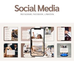 May include: A promotional graphic with the text "Social Media" in brown, with "INSTAGRAM, FACEBOOK, LINKEDIN" below. The graphic includes images of dogs, a phone, and text boxes with information about dog services.
