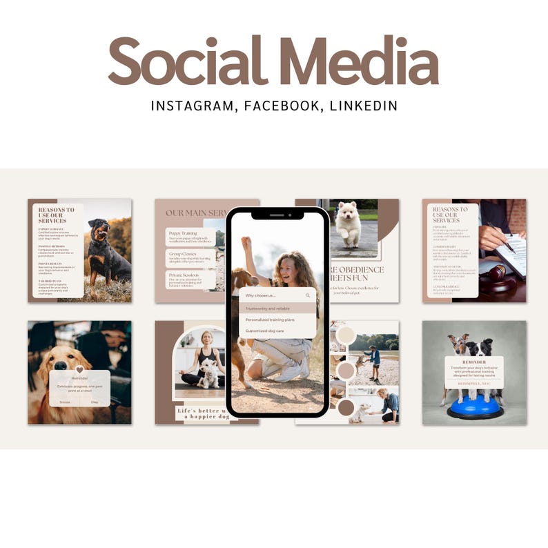May include: A promotional graphic with the text "Social Media" in brown, with "INSTAGRAM, FACEBOOK, LINKEDIN" below. The graphic includes images of dogs, a phone, and text boxes with information about dog services.