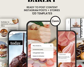 Può includere: Una raccolta di modelli di storie e post di Instagram per una panetteria. I modelli presentano immagini di pasticcini, torte e altri prodotti da forno, nonché testo che evidenzia l'impegno della panetteria per la qualità e la soddisfazione del cliente. Il testo include le frasi "Qualità ineguagliabile", "Gusti indimenticabili" e "Passione per la perfezione".