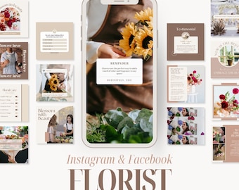 May include: A collection of Instagram and Facebook post templates for a florist business. The templates feature floral arrangements, quotes about flowers, and a reminder that flowers are the perfect way to add a touch of color and fragrance to any space.