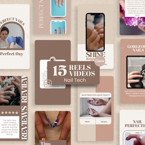 Könnte beinhalten: Eine Collage zur Werbung für Nagelstudios. Sie zeigt Bilder von manikürten Nägeln und Händen. Der Text enthält "Perfect Nails", "Reviews Review" und "15 Reels Videos Nail Tech". Das Design verwendet ein neutrales Farbschema mit Farbakzenten.