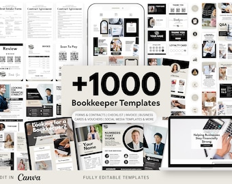 May include: A collection of over 1000 bookkeeper templates, including forms, contracts, checklists, invoices, and business cards. The templates are fully editable and designed to help businesses stay financially strong. The image includes a laptop, phone, and various printed documents.