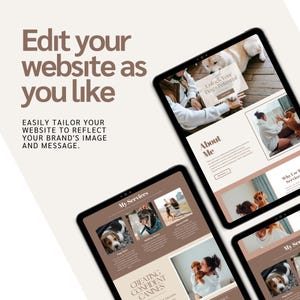 May include: A digital marketing image shows multiple tablets displaying a website design. The website theme is focused on dog training, with images of dogs and text that reads "Edit your website as you like" and "Creating confident canines."