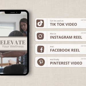 Puede incluir: La pantalla de un tel&eacute;fono inteligente muestra un video de una persona que recibe un tratamiento de fisioterapia. El texto "ELEVATE Your Wellness" se muestra en la pantalla. La pantalla tambi&eacute;n muestra iconos de redes sociales para TikTok, Instagram, Facebook y Pinterest, lo que indica que el video se puede compartir en estas plataformas.