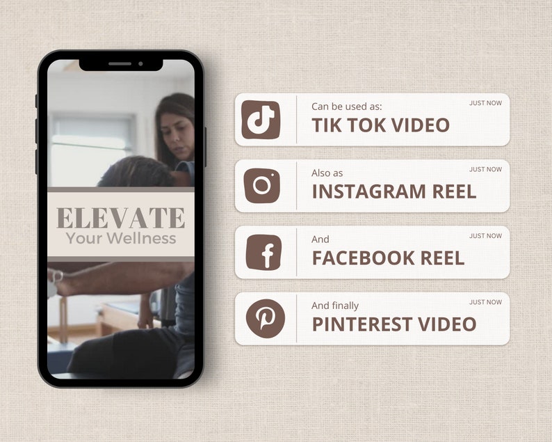Puede incluir: La pantalla de un tel&eacute;fono inteligente muestra un video de una persona que recibe un tratamiento de fisioterapia. El texto "ELEVATE Your Wellness" se muestra en la pantalla. La pantalla tambi&eacute;n muestra iconos de redes sociales para TikTok, Instagram, Facebook y Pinterest, lo que indica que el video se puede compartir en estas plataformas.