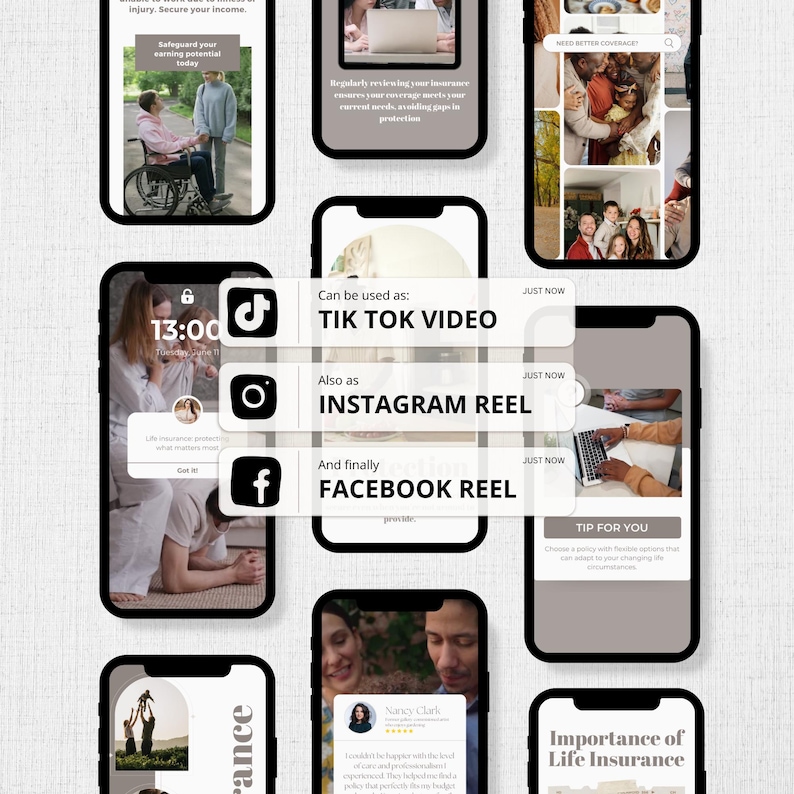 Op de afbeelding: Een verzameling smartphoneschermen met informatie over levensverzekeringen. De schermen tonen tekst, afbeeldingen en social media-pictogrammen. E&eacute;n scherm toont een persoon in een rolstoel, een ander toont de tijd als 13:00.