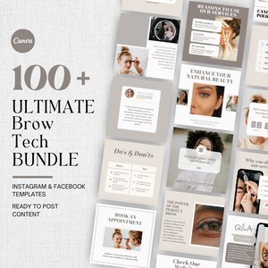 May include: A collage of social media graphics for a brow technician business. The graphics feature images of brows, text about the services offered, and the phrase "Enhance Your Natural Beauty".