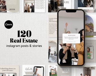 May include: A collection of 120 Real Estate Instagram posts and stories. The design features a neutral color palette with images of people, homes, and text overlays. The Canva logo is visible in the upper left corner. Text includes "Create a Warm Atmosphere" and "Selling Your Home?"