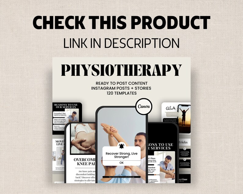 Puede incluir: Un conjunto de 120 plantillas de publicaciones e historias de Instagram para fisioterapia para Canva. Las plantillas presentan im&aacute;genes de un fisioterapeuta trabajando con pacientes y texto sobre c&oacute;mo superar el dolor de rodilla, recuperar la fuerza y las razones para utilizar los servicios de fisioterapia.
