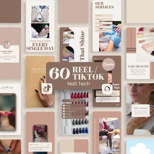 Könnte beinhalten: Eine Collage von Social-Media-Posts zum Thema Nagelkunst in Beige- und Brauntönen. Die Beiträge enthalten Bilder von manikürten Nägeln, Text mit der Aufschrift "Love Your Nails Every Single Day" und eine Grafik mit der Aufschrift "60 Reel/TikTok Nail Tech".