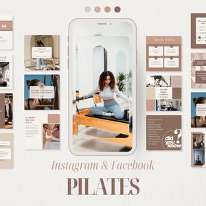 May include: A digital marketing graphic for Pilates, featuring a woman on a Pilates reformer machine. The image includes various social media posts with text like "Reasons to Use Our Services" and "Tips & Tricks". The words "Instagram & Facebook" and "PILATES" are also visible.