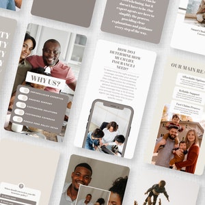 Op de afbeelding: Een verzameling marketingmaterialen met familiefoto's en tekst. De materialen bevatten de zinnen "Waarom wij?", "Hoe bepaal ik hoeveel levensverzekering ik nodig heb?" en "Onze belangrijkste redenen". Het kleurenschema is neutraal.