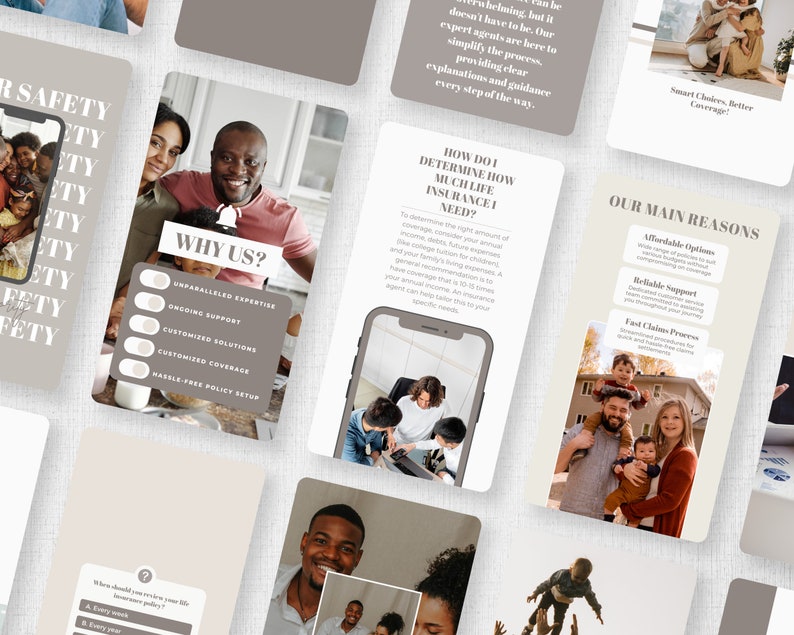 Op de afbeelding: Een verzameling marketingmaterialen met familiefoto's en tekst. De materialen bevatten de zinnen "Waarom wij?", "Hoe bepaal ik hoeveel levensverzekering ik nodig heb?" en "Onze belangrijkste redenen". Het kleurenschema is neutraal.