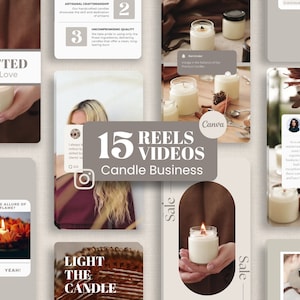 Könnte beinhalten: Werbebild für ein Kerzengeschäft mit verschiedenen Kerzenprodukten und zugehörigen Inhalten. Das Bild enthält Text wie "Crafted With Love", "15 Reels Videos Candle Business" und "Light the Candle". Die Gesamtästhetik ist warm und einladend.