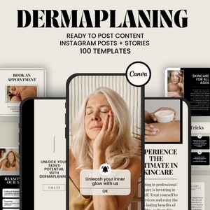 May include: A digital marketing kit for beauty businesses, featuring 100 Instagram post and story templates. The kit includes a variety of designs with a modern aesthetic, featuring images of women receiving facials and text about dermaplaning. The text on the screen reads "Ready to post content Instagram posts + stories 100 templates".
