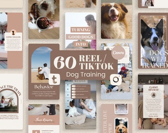 May include: A collage of images promoting dog training services. The images feature dogs, people, and text that says "60 Reel/TikTok Dog Training", "Turning Good Dogs Into", "We Have", "Behaviour", "Three Reasons to Use Our Services", "Happy Dog Happy Dog Happy Dog", "Dogs Well Trained", "Client Review", "Behave Better, Live Happier", and "Train Better Than Better".