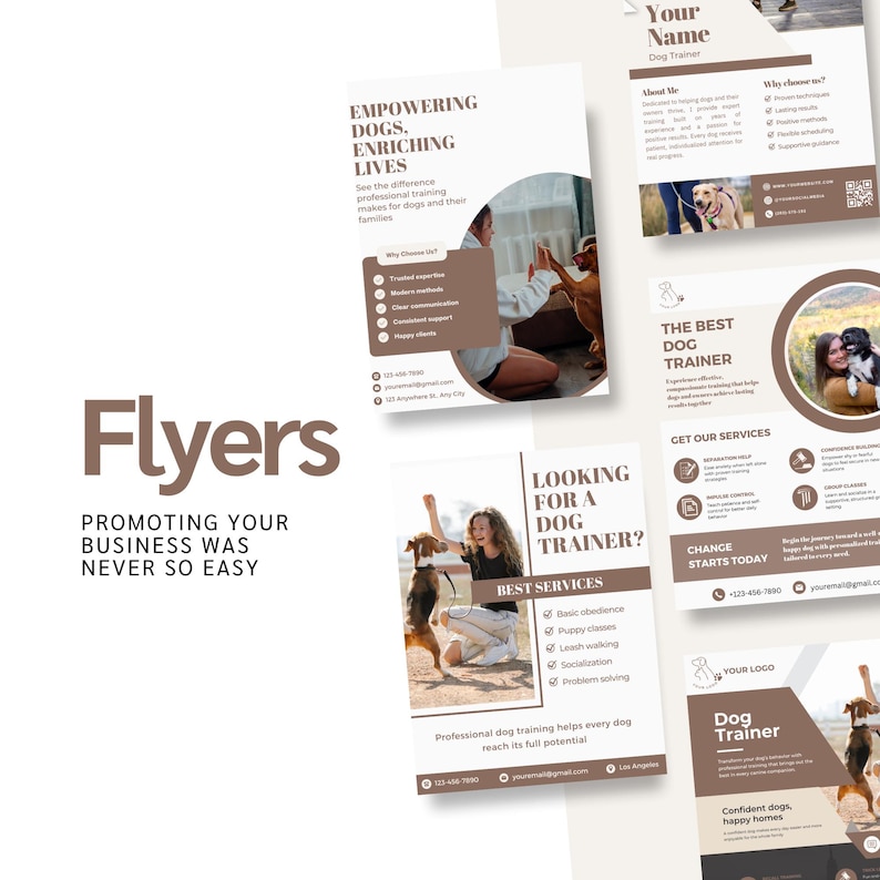 May include: A collection of flyers promoting dog training services. The flyers feature images of dogs and people, with text such as "Empowering Dogs, Enriching Lives" and "Looking for a Dog Trainer?" The color scheme is primarily brown and white.
