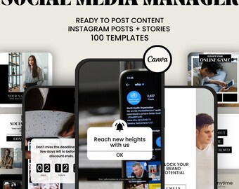 May include: Image promoting social media management services. The text reads "SOCIAL MEDIA MANAGER" and "READY TO POST CONTENT INSTAGRAM POSTS + STORIES 100 TEMPLATES." Several phone mockups display Instagram posts and stories, with the Canva logo.