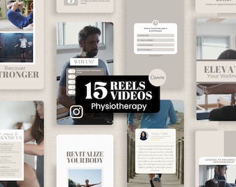May include: A collage of images promoting physiotherapy services. The images feature people exercising, a therapist, and text that highlights the benefits of physiotherapy, such as "Recover Stronger", "Revitalize Your Body", and "Elevate Your Wellbeing". The text "15 Reels Videos" is prominently displayed in a circle with a camera icon.